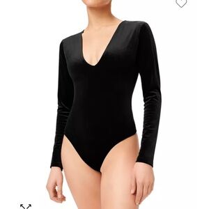 Good American Black Deep V Long Sleeve Velvet Thong Bodysuit Sexy Style Size XL